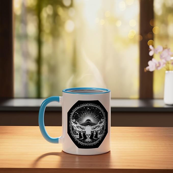 Retro UFO Cats Vintage Sci Fi Space Stary Sky Design Ceramic Mug, Blue/White