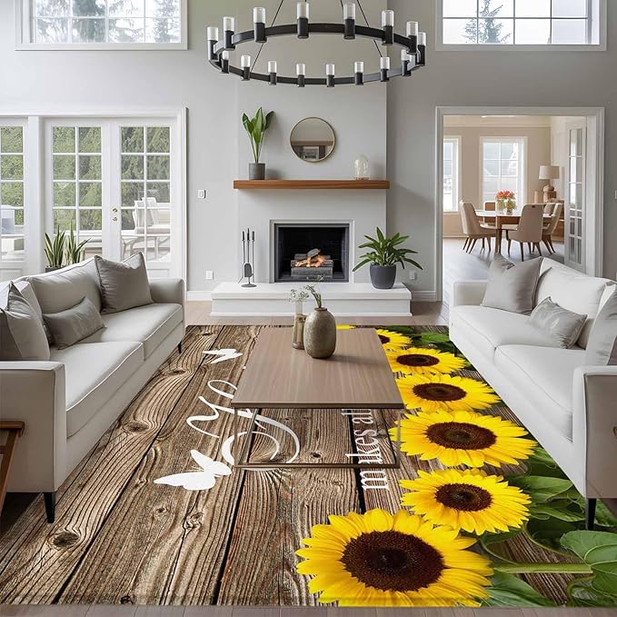 Area Rug 6x9ft, Farm Sunflower Positive Energy Quote Washable Rugs for Living Room Bedroom, Retro Dark Brown Wood Grain Soft Non-Slip Area Rugs Rectangle Floor Carpet for Dining Room