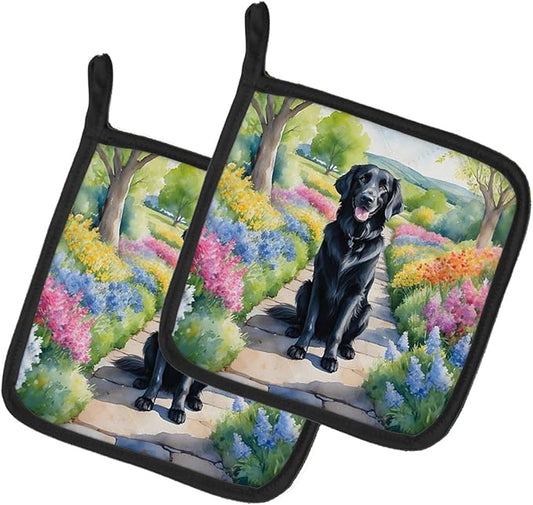 Caroline's Treasures Flat-Coated Retriever Spring Path Pair of Pot Holders Kitchen Heat Resistant Pot Holders Sets Oven Hot Pads for Cooking Baking BBQ, 7 1/2 x 7 1/2