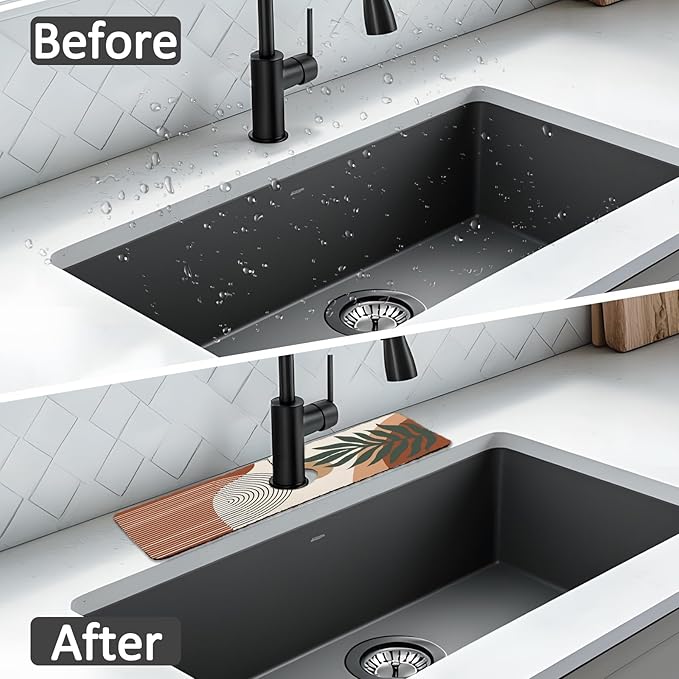 15" X 5.5" Kitchen Sink Splash Guard Faucet Mat Boho Super Absorbent Fast Drying Faucet Guard & Draining Mat Sink Splash Guard Behind Faucet for Kitchen, Bathroom