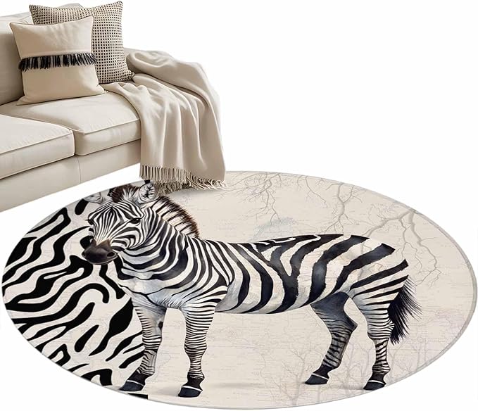 Washable Round Area Rug Zebra Black Stripe Animal Portrait Circle Rugs Floor Carpet for Living Room Bedroom, Vintage Tree Branch Soft Non Slip Round Rug 3ft