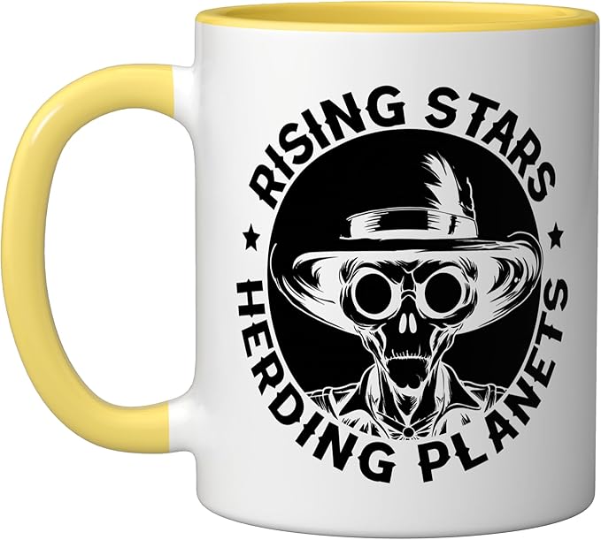 Alien Lover Flying Saucer UFO Extraterrestrial Cowboy Ceramic Mug, Yellow/White