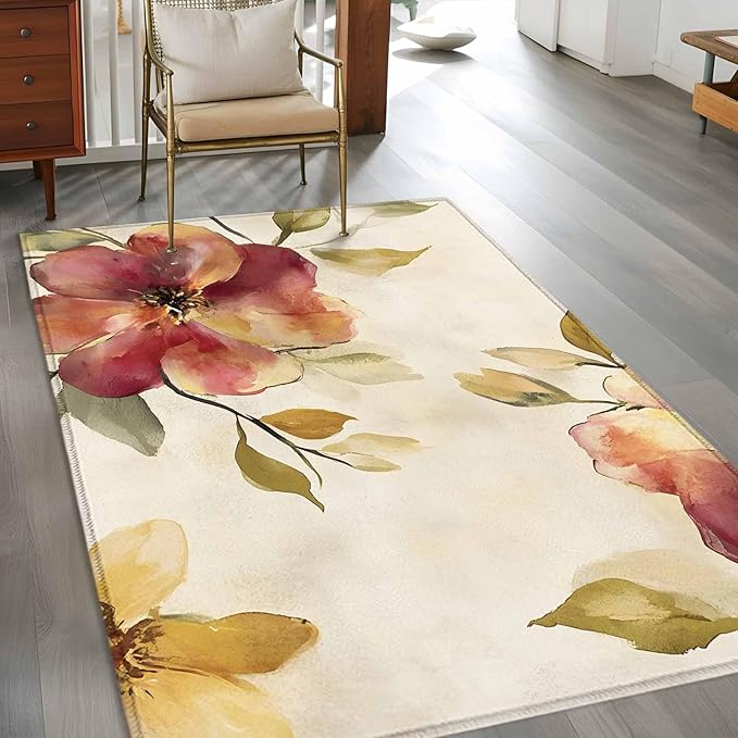 Area Rug 3x5ft, Oil Painting Style Flowers Washable Rugs for Living Room Bedroom, Vintage Country Floral Soft Non-Slip Area Rugs Rectangle Floor Carpet for Dining Room