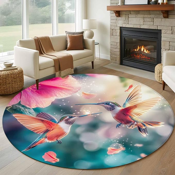 Washable Round Area Rug Spring Hummingbird Pink Petals Flowers Circle Rugs Floor Carpet for Living Room Bedroom, Dreamlike Animal Focus Scenery Soft Non Slip Round Rug 5ft