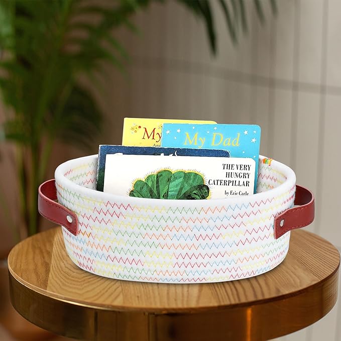 ABenkle Small Woven Basket, Mini Cotton Rope Storage Basket, Tiny Easter Basket, Shelf Basket, Oval Decorative Toy Dog Cat Basket for Nursery, Empty Gift Basket, 9.4" x 5.9" x 3.9" XS