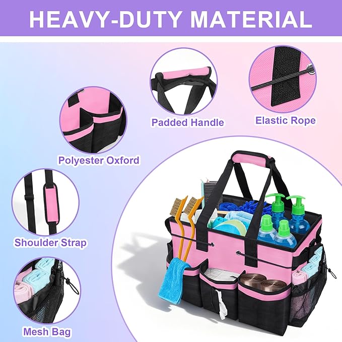 ALSLEA Cleaning Caddy Bag Heavy-Duty Organizer Tote for Housekeepers, Janitors & Home Cleaning Supplies with Adjustable Shoulder Strap & Multiple Pockets (Pink)