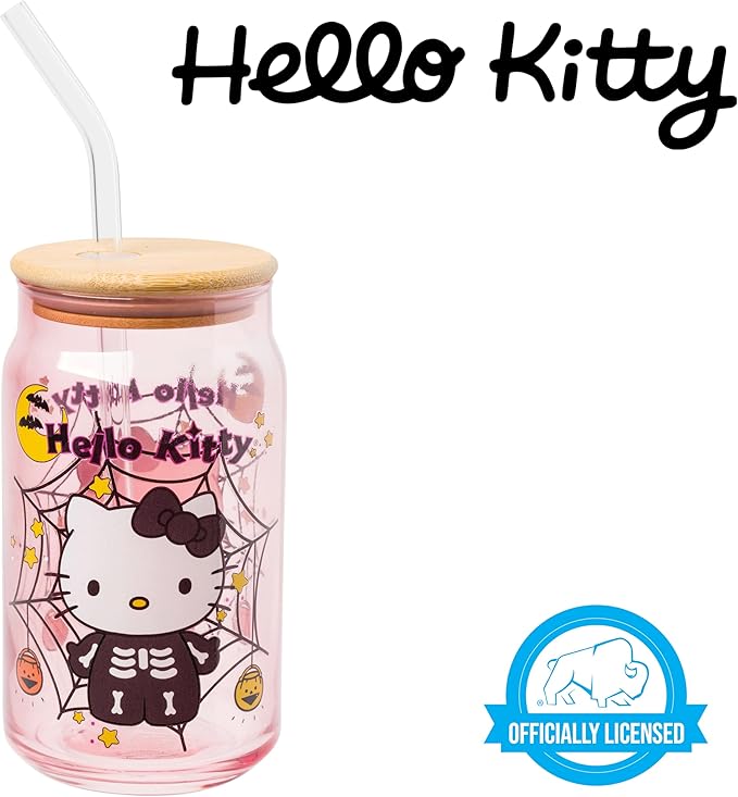 Silver Buffalo Sanrio Hello Kitty Halloween Spooky Skeleton Costume Pink Lavender Glass Jar Tumbler with Bamboo Lid and Glass Straw, 16 Ounces
