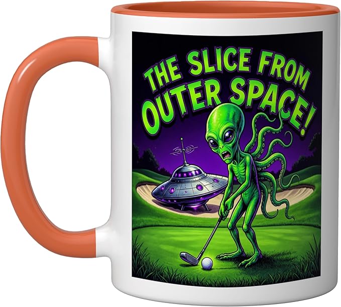 Funny Golfing Alien The Slice From Outer Space Retro UFO Ceramic Mug, Orange/White