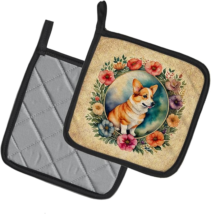 Caroline's Treasures Corgi and Flowers Pair of Pot Holders Kitchen Heat Resistant Pot Holders Sets Oven Hot Pads for Cooking Baking BBQ, 7 1/2 x 7 1/2