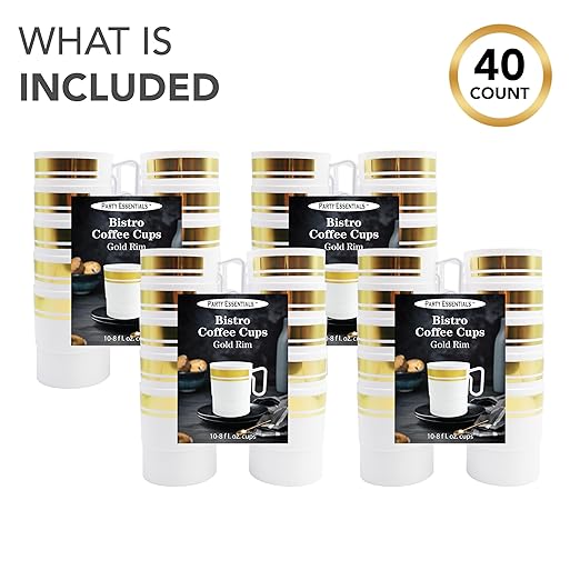 Party Essentials Bistro Hard Plastic Coffee Cup/Tea Mug w/Handle, 40 Count, 8-Ounce, White with Gold Rim