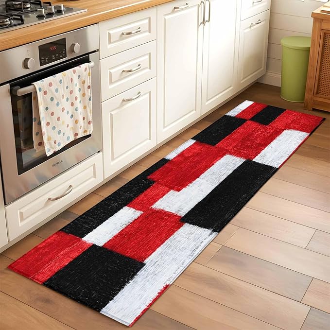 Runner Rug for Bedroom Hallway, Red Black White Gradient Kitchen Runner Rugs Area Rug 2x6ft, Abstract Color Block Washable Soft Floor Carpet for Entryway Stair