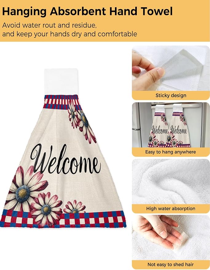 Alandar Home Kitchen Tie Towel Set of 2, Watercolor Daisy Red Blue Plaid Absorbent Soft Hand Towels for Bathroom Hanging Towels, Independence Day Flower on Flax Fast Drying Cleaning Cloth with Loop