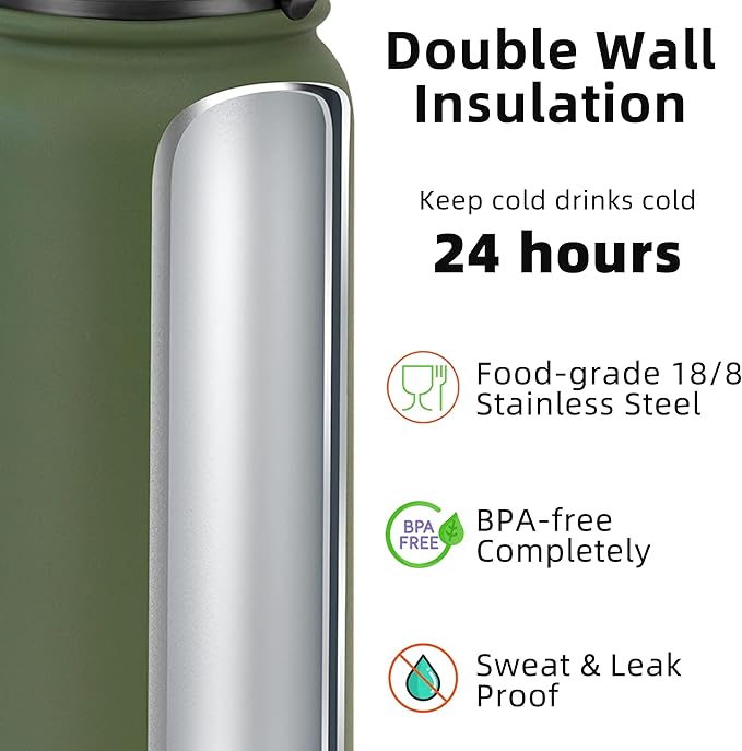 Fanhaw 32 oz Insulated Stainless Steel Water Bottle with Straw Lid, Leakproof Sports Bottle for Men, Women & Teens (Olive Green)