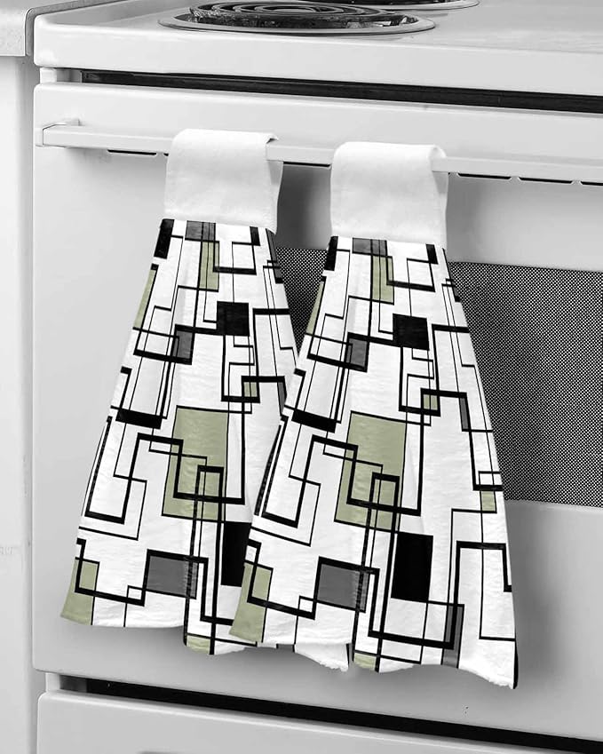 Alandar Home Kitchen Tie Towel Set of 2, Abstract Geometric Lines Art Absorbent Soft Hand Towels for Bathroom Hanging Towels, Green Black Color Block Fast Drying Cleaning Cloth with Loop