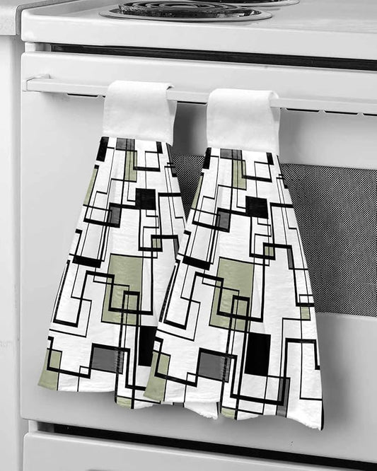 Alandar Home Kitchen Tie Towel Set of 2, Abstract Geometric Lines Art Absorbent Soft Hand Towels for Bathroom Hanging Towels, Green Black Color Block Fast Drying Cleaning Cloth with Loop
