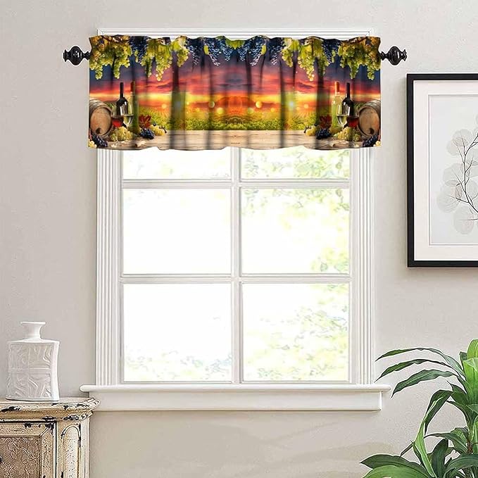 Vineyard Wine Kitchen Valance, Farm Country Sunset Grapes Barrels Window Drapes for Dining Outdoor Party Garden Home Decor, 54x18Inch