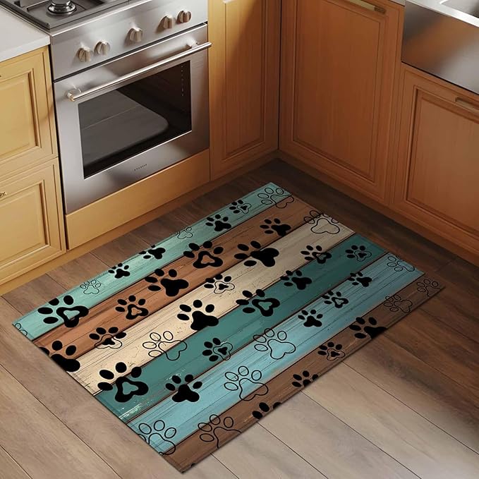 Area Rug 2x3ft, Farm Brown Wood Board Washable Rugs for Living Room Bedroom, Dog Paw Print Animal Footprint Soft Non-Slip Area Rugs Rectangle Floor Carpet for Dining Room