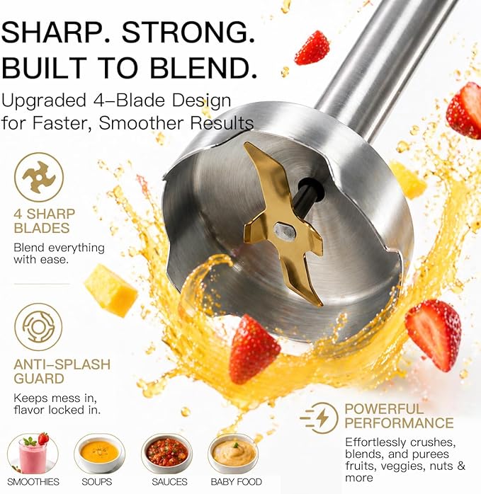 MegaWise Pro Titanium Reinforced 5-in-1 Immersion Hand Blender, Powerful 400W with 80% Sharper Blades, 12-Speed Corded Blender, Including 500ml Chopper, 600ml Beaker, Whisk and Milk Frother (Black)