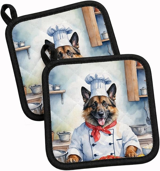 Caroline's Treasures Belgian Tervuren The Chef Pair of Pot Holders Kitchen Heat Resistant Pot Holders Sets Oven Hot Pads for Cooking Baking BBQ, 7 1/2 x 7 1/2