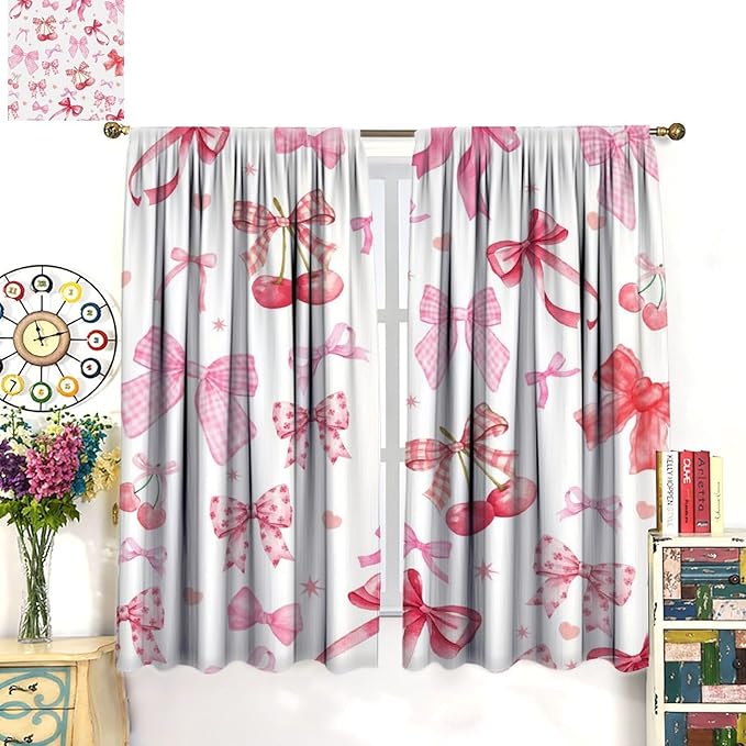 Cherry Blackout Curtain,Pink Bowkont Girl Kids Sweet Aesthetic Fruit Window Treatment Curtains Dining Room Living Room Kitchen Cafe Bedroom Office Drapes,72x63 in