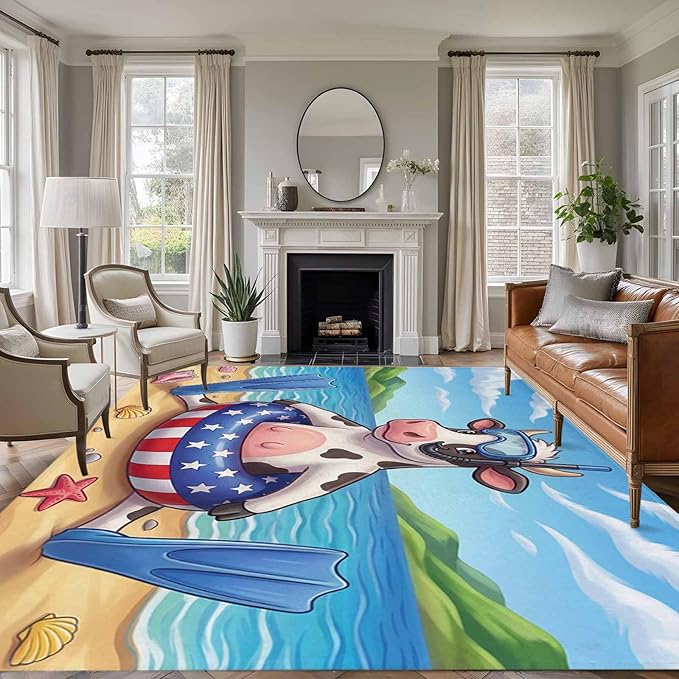 Area Rug 9x12ft, Summer Beach Snorkeling Cow Washable Rugs for Living Room Bedroom Rectangle Floor Carpet, Ocean Starfish Funny Animal Art Soft Non-Slip Area Rugs for Dining Room