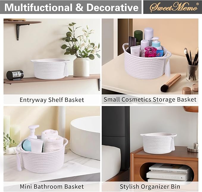 Gift Basket Empty Small - SweetMemo Cute Woven Rope Organizer Baskets for Baby Shower, Vanity, Makeup, Bathroom, Desk, Decor, Gifting - Small Decorative Storage Bins - Set of 2, Pre-Shaped, White