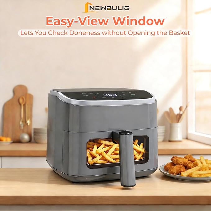 NEWBULIG Air Fryer，4QT Small AirFryer with Easy View Window and Interior Light, Digital Touchscreen with 8 Presets for Custom Cooking, Nonstick and Dishwasher Safe Basket, Grey