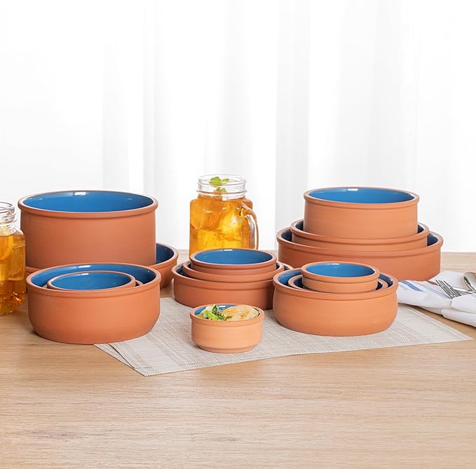 Restaurantware-Terra Tek 2.7 Ounce Terracotta Cazuelas, 2 Blue Glazed Clay Pots For Cooking - Oven-Ready, Microwavable, Terracotta Serving Pots, Dishwashable, For Cooking And Serving