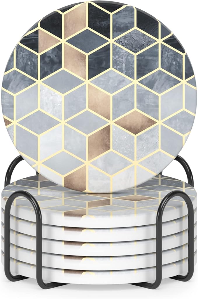 Nipichsha Coasters for Drinks, Set of 6 Cute Absorbent Ceramic Drink Coasters for Cup with Holder and Cork Base, Kitchen Home Decor Housewarming Gift, Round 4 in, Gray Gold Rhombus