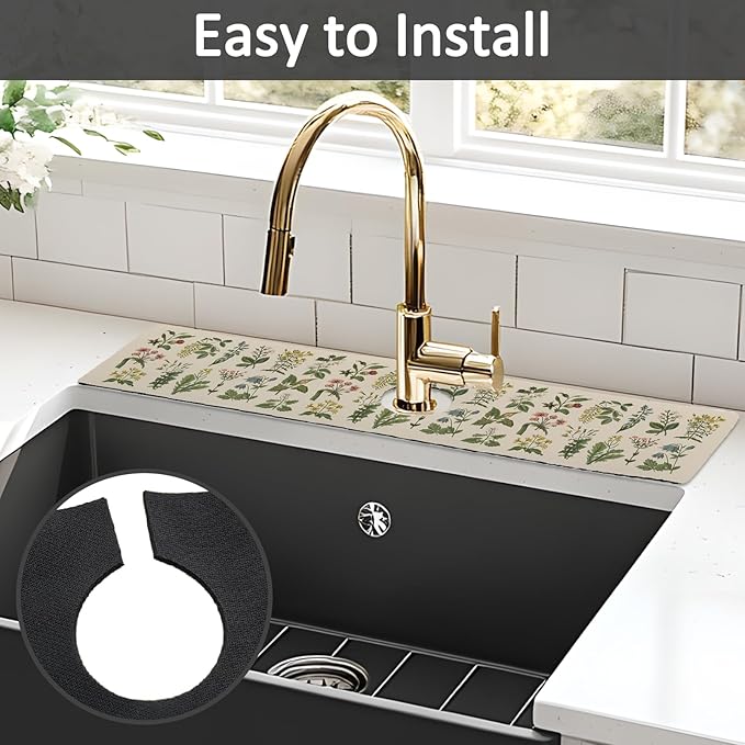 24" X 5.5" Kitchen Sink Splash Guard Faucet Mat Floral Super Absorbent Fast Drying Faucet Guard & Draining Mat Sink Splash Guard Behind Faucet for Kitchen, Bathroom