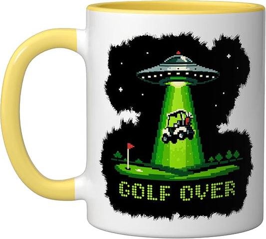 GOLF OVER Retro Funny Pixel Art UFO Abducting Golf-Cart Ceramic Mug, Yellow/White