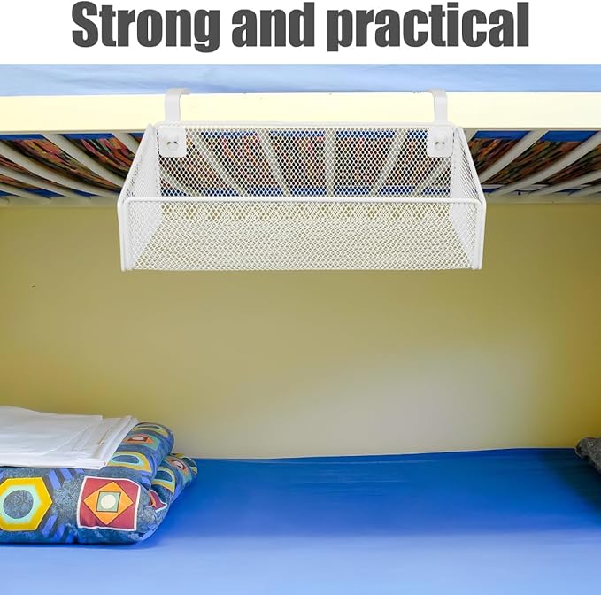 PartyKindom Hanging Bed Organizer, Metal Wire Bedside Caddy with Removable Hooks Spacious Bunk Bed Storage Basket Shelf for Phone Books Aesthetic Dorm Room Essentials Nightstand Alternative (White)