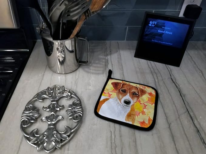 Caroline's Treasures BB9950PTHD Jack Russell Terrier Fall Pair of Pot Holders, Yellow Kitchen Heat Resistant Pot Holders Sets Oven Hot Pads for Cooking Baking BBQ, 7 1/2 x 7 1/2