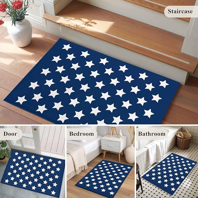 Area Rug 2x3ft, 4th of July White Star on Navy Blue Washable Rugs for Living Room Bedroom, Independence Freedom Liberty Soft Non-Slip Area Rugs Rectangle Floor Carpet for Dining Room
