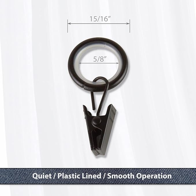 5/8 inch Noise-Canceling Curtain Rings w/Clip (Set of 10) - Black