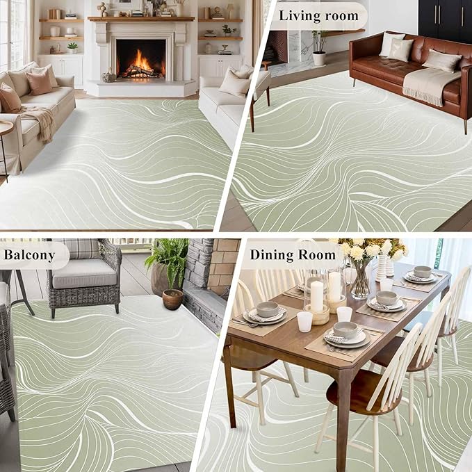 Area Rug 6x9ft, Sage Green Wavy Gradient Stripes Washable Rugs for Living Room Bedroom, Geometric Abstract Art Soft Non-Slip Area Rugs Rectangle Floor Carpet for Dining Room