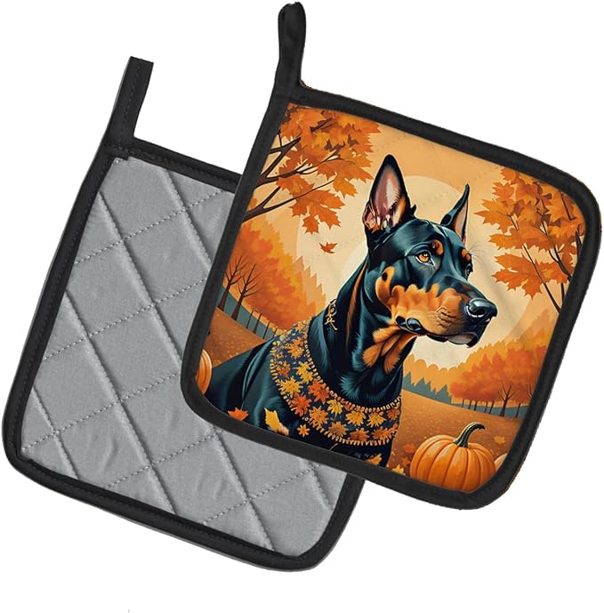 Caroline's Treasures DAC1044PTHD Doberman Pinscher Fall Pair of Pot Holders Kitchen Heat Resistant Pot Holders Sets Oven Hot Pads for Cooking Baking BBQ, 7 1/2 x 7 1/2