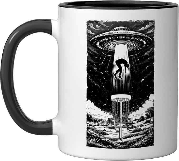 Disc Golf UFO Funny Flying Saucer Alien Abduction Basket Ceramic Mug, Black/White