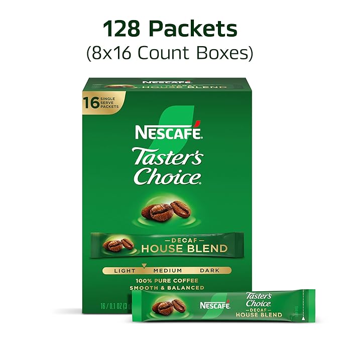 NESCAFÉ Taster's Choice Instant Coffee Packets, Light Medium Roast Coffee, Decaf House Blend, 8 Boxes (128 Packets)