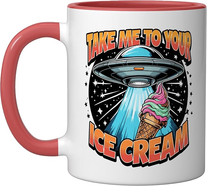 Take Me to Your Ice Creams UFO Abduction Funny Ice Cream Ceramic Mug, Red/White