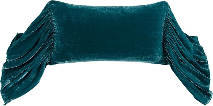HiEnd Accents Stella Faux Silk Velvet Long Ruffled Pillow, 14x26 inch, Teal, Romantic Western Modern Traditional Style Luxury Bedding, Decorative Throw Pillow