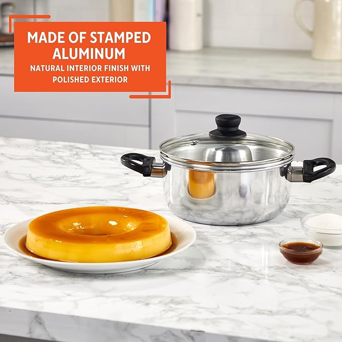 IMUSA 8in Small Aluminum Flan Double Boiler Baño Maria with Lid, 3Qt Dessert Pot for Flan, Custards, Pudding and Traditional Latin Recipes