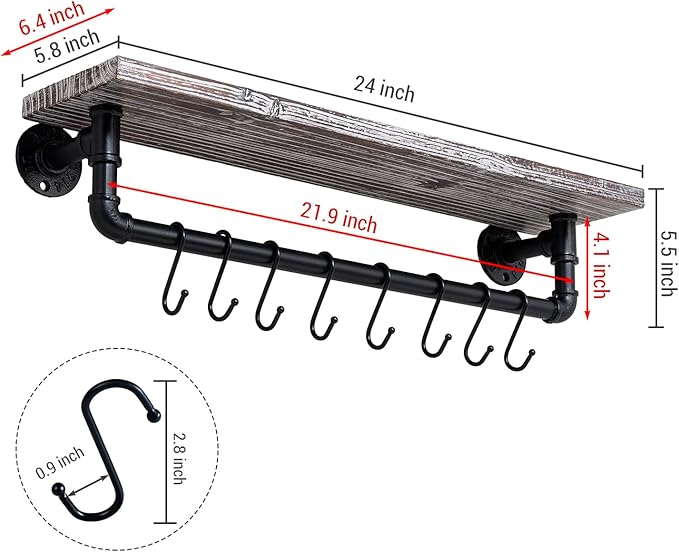 MyGift Wall Mounted Kitchen Pot Rack, Rustic Torched Wood Floating Display Shelf and Industrial Matte Black Metal Pipe Towel Bar and Hanging Cooking Pots and Pans Organizer with 8 S-Hooks