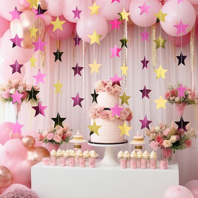 Patelai 78 Feet Glitter Star Garland Banner 2026 Party Decoration Double Side Star Hanging String Streamer Paper Twinkle for Graduation Wedding Birthday (Gold and Pink)