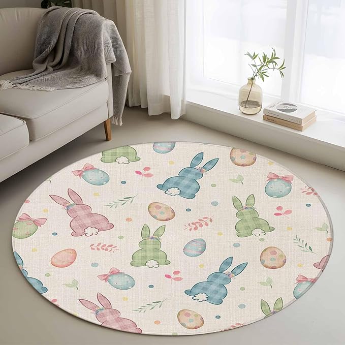 Washable Round Area Rug Happy Easter Cute Plaid Bunny Circle Rugs Floor Carpet for Living Room Bedroom, Colorful Egg Leaves Farm Linen Soft Non Slip Round Rug 3ft