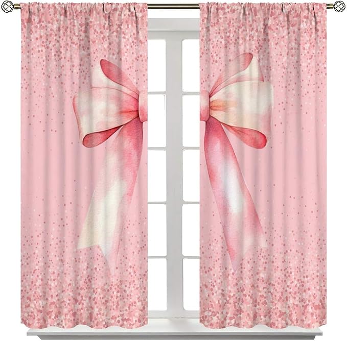 Pink Bow Blackout Curtain,Fashion Girly Bowknot Glitter Sparkle Print Window Curtains for Dining Room Living Room Kitchen Cafe Bedroom Office Nursery Drapes,42x63 in