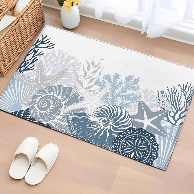 Area Rug 2x3ft, Underwater Blue Shells Starfish Coral Washable Rugs for Living Room Bedroom, Summer Botantical Soft Non-Slip Area Rugs Rectangle Floor Carpet for Dining Room
