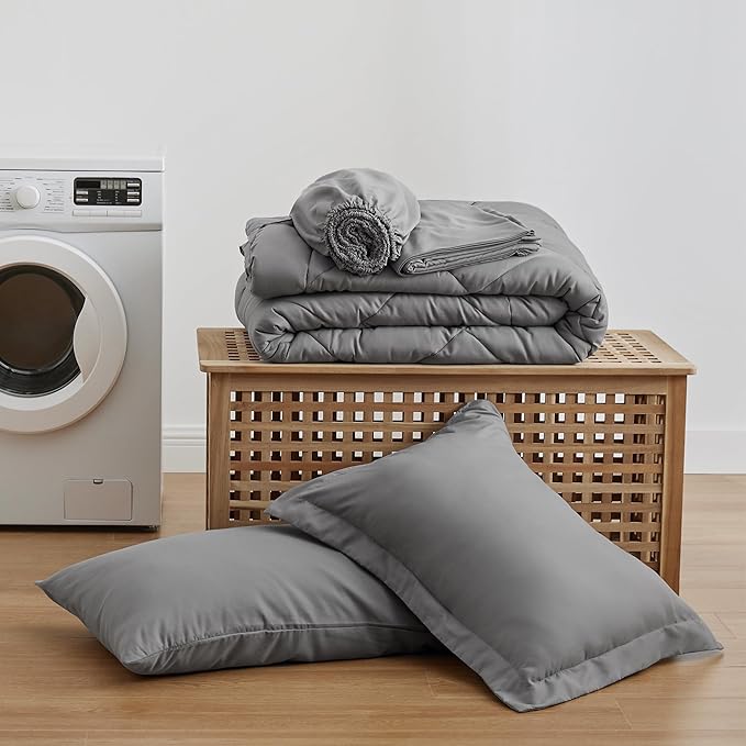 Love's cabin Twin XL Comforter Set Grey, 5 Pieces Twin XL Bed in a Bag, All Season Bedding Sets with 1 Comforter, 1 Flat Sheet, 1 Fitted Sheet, 1 Pillowcase and 1 Pillow Sham | Soft, Breathable, Lightweight, Comfortable