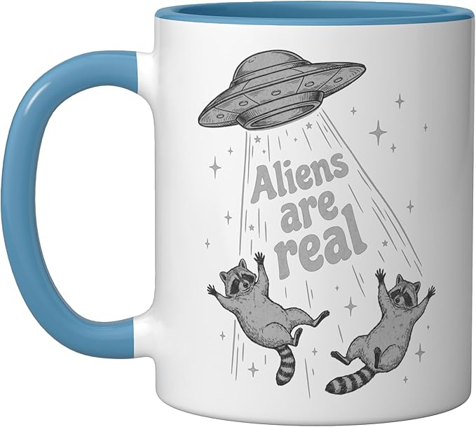 Aliens Are Real UFO Raccoon Abduction Ironic Meme Ceramic Mug, Blue/White