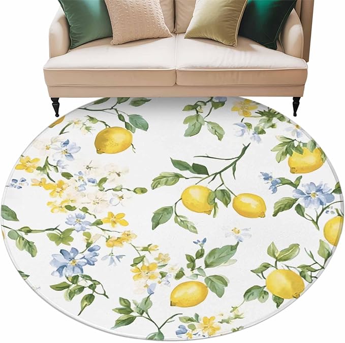 Washable Round Area Rug Summer Watercolor Lemon Flower Circle Rugs Floor Carpet for Living Room Bedroom, Spring Farm Fruit Green Leaf Soft Non Slip Round Rug 5ft
